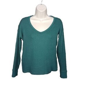 American Eagle XS Cropped Thermal Green Long Sleeve Pullover V Neck Stretch Top